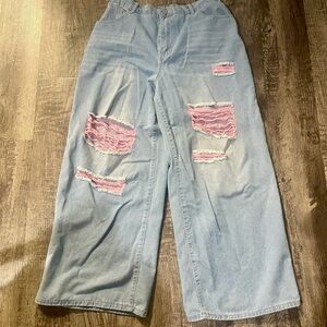 SHEIN Light Blue Jeans with Pink Distressed Accents